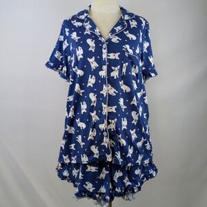 René Rofé French Bulldog Print PJ Set Short Sleeve Top Shorts Navy White L NWT